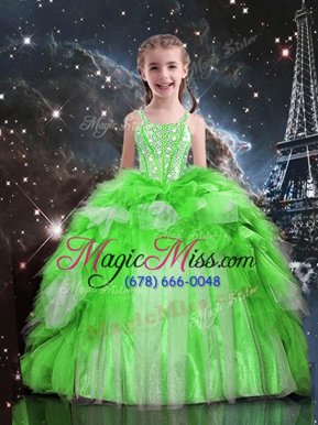 Trendy Organza Lace Up Little Girl Pageant Gowns Sleeveless Floor Length Beading and Ruffles