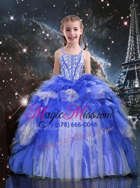 Inexpensive Blue Girls Pageant Dresses Party and Wedding Party and For with Beading and Ruffles Spaghetti Straps Sleeveless Lace Up