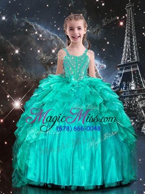 Glorious Aqua Blue Spaghetti Straps Neckline Beading and Ruffles Little Girl Pageant Dress Sleeveless Lace Up