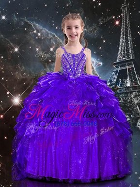 Custom Designed Dark Purple Sleeveless Beading and Ruffles Floor Length Kids Pageant Dress