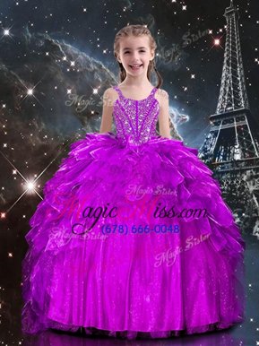 Classical Floor Length Fuchsia Pageant Gowns For Girls Spaghetti Straps Sleeveless Lace Up