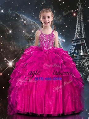 Modern Hot Pink Ball Gowns Spaghetti Straps Sleeveless Organza Floor Length Lace Up Beading and Ruffles Little Girls Pageant Dress