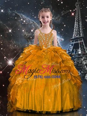 Modern Beading and Ruffles Little Girls Pageant Dress Wholesale Orange Lace Up Sleeveless Floor Length