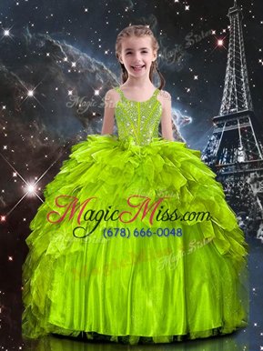 Nice Yellow Green Little Girl Pageant Dress Party and Wedding Party and For with Beading and Ruffles Spaghetti Straps Sleeveless Lace Up