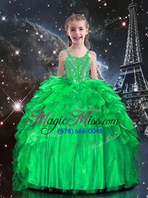 Classical Sleeveless Floor Length Beading and Ruffles Lace Up Kids Formal Wear with Apple Green
