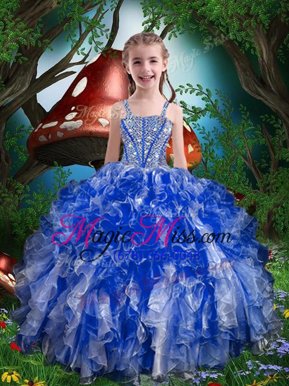 Gorgeous Royal Blue Organza Lace Up Little Girl Pageant Gowns Sleeveless Floor Length Beading and Ruffles