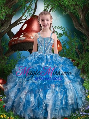 Excellent Sleeveless Organza Floor Length Lace Up Little Girl Pageant Dress in Blue for with Beading and Ruffles