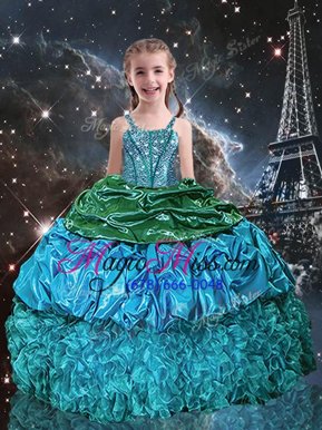 Superior Sleeveless Organza Floor Length Lace Up Little Girls Pageant Gowns in Aqua Blue for with Beading and Ruffles and Pick Ups