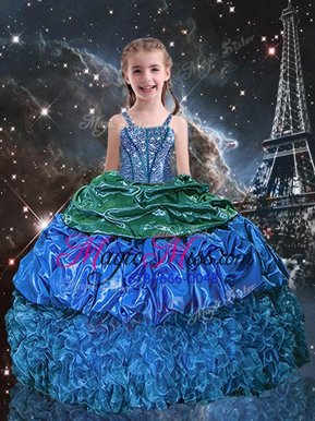 Simple Sleeveless Floor Length Beading and Ruffles and Pick Ups Lace Up Little Girls Pageant Dress Wholesale with Blue