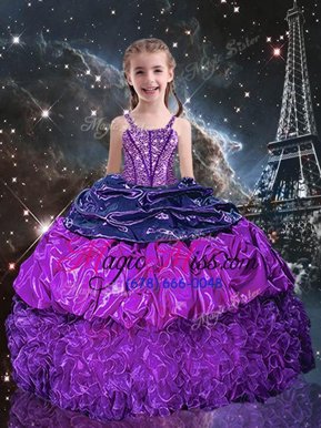 Classical Eggplant Purple Ball Gowns Beading and Ruffles and Pick Ups Pageant Gowns For Girls Lace Up Organza Sleeveless Floor Length