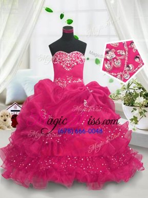 Latest Fuchsia Ball Gowns Organza Sweetheart Sleeveless Beading and Ruffled Layers and Pick Ups Floor Length Lace Up Little Girl Pageant Dress