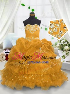 Modern Orange Lace Up Little Girls Pageant Dress Beading and Ruffled Layers and Pick Ups Sleeveless Floor Length
