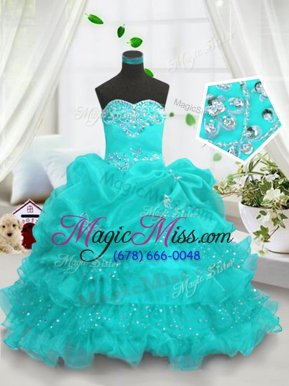 Best Aqua Blue Lace Up Little Girl Pageant Gowns Beading and Ruffled Layers and Pick Ups Sleeveless Floor Length