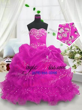 Hot Sale Sleeveless Floor Length Beading and Ruffled Layers and Pick Ups Lace Up Little Girl Pageant Dress with Hot Pink