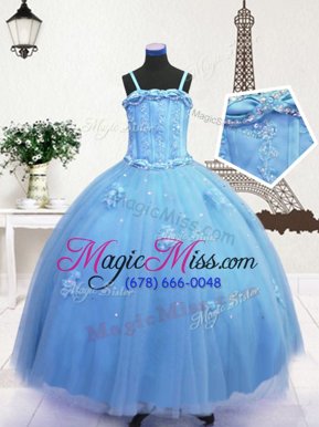 Excellent Spaghetti Straps Sleeveless Little Girl Pageant Dress Floor Length Beading and Appliques Baby Blue Tulle