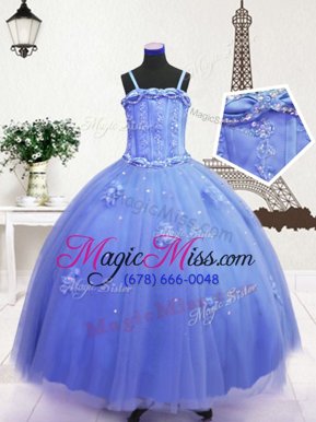 Inexpensive Teal Ball Gowns Tulle Spaghetti Straps Sleeveless Beading and Hand Made Flower Floor Length Zipper Kids Pageant Dress
