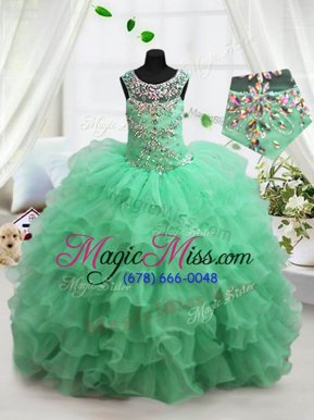 New Style Scoop Floor Length Lace Up Pageant Gowns For Girls Turquoise and In for Party and Wedding Party with Beading and Ruffled Layers