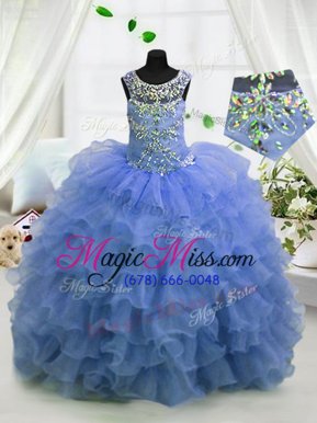 Scoop Sleeveless Girls Pageant Dresses Floor Length Beading and Ruffled Layers Light Blue Organza