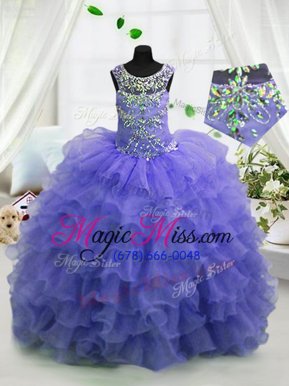 Nice Scoop Floor Length Lace Up Little Girls Pageant Dress Baby Blue and In for Party and Wedding Party with Beading and Ruffled Layers