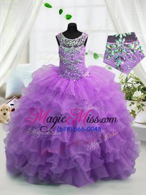 Scoop Lavender Ball Gowns Beading and Ruffled Layers Little Girls Pageant Gowns Lace Up Organza Sleeveless Floor Length