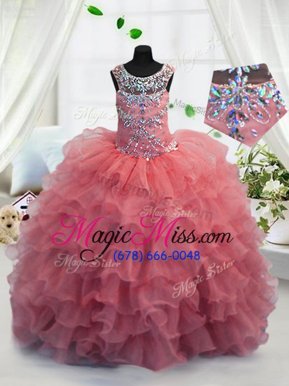 Simple Scoop Floor Length Baby Pink Kids Pageant Dress Organza Sleeveless Beading and Ruffled Layers