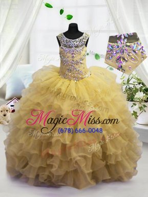 Great Scoop Beading and Ruffled Layers Little Girls Pageant Gowns Light Yellow Lace Up Sleeveless Floor Length