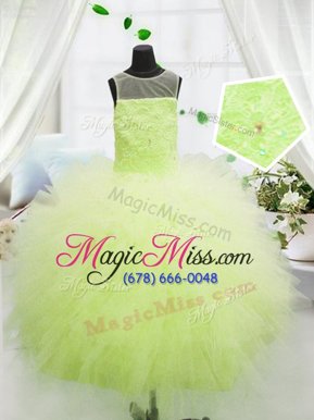 Trendy Scoop Yellow Green Sleeveless Beading and Appliques Floor Length Little Girls Pageant Dress