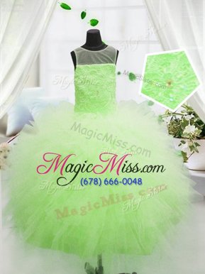 Trendy Scoop Apple Green Tulle Zipper Little Girls Pageant Dress Wholesale Sleeveless Floor Length Beading and Appliques