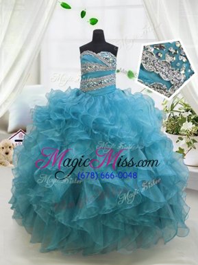 Low Price Sleeveless Floor Length Beading and Ruffles Lace Up Little Girl Pageant Gowns with Blue