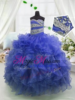 Modern Floor Length Lace Up Little Girls Pageant Dress Wholesale Blue and In for Party and Wedding Party with Beading and Ruffles