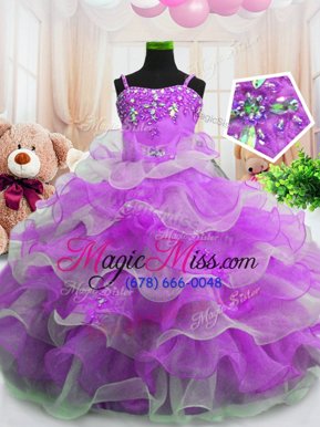 Perfect Purple Zipper Child Pageant Dress Beading and Ruffled Layers Sleeveless Floor Length