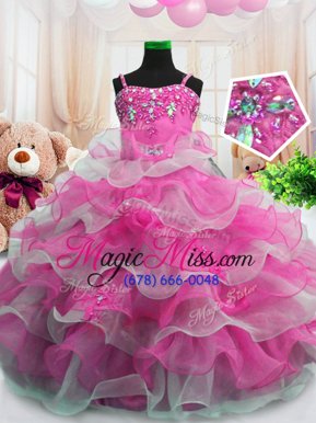 Elegant Hot Pink Sleeveless Floor Length Beading and Ruffled Layers Zipper Little Girls Pageant Dress Wholesale