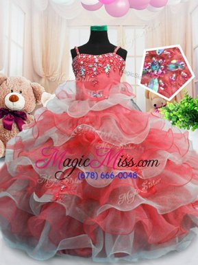 Perfect Ruffled Spaghetti Straps Sleeveless Zipper Little Girls Pageant Gowns Red Organza