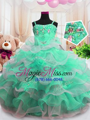 Eye-catching Spaghetti Straps Sleeveless Little Girls Pageant Dress Wholesale Floor Length Beading and Ruffled Layers Green Organza