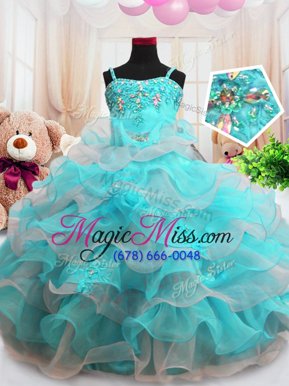 Hot Sale Aqua Blue Sleeveless Beading and Ruffled Layers Floor Length Little Girls Pageant Dress