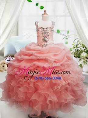 Hot Selling Peach Organza Zipper Square Sleeveless Floor Length Child Pageant Dress Beading and Ruffles and Pick Ups