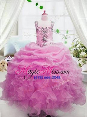 High Class Pink Square Neckline Beading and Ruffles and Pick Ups Pageant Gowns For Girls Sleeveless Zipper