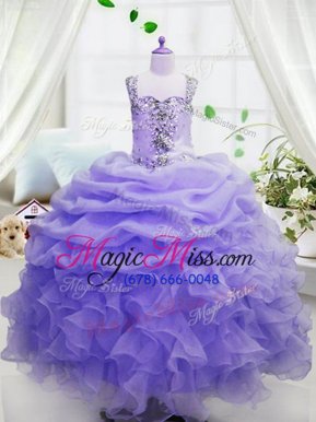 Cute Organza Sleeveless Floor Length Little Girls Pageant Gowns and Beading and Ruffles and Pick Ups