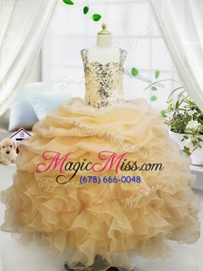 Custom Made Sleeveless Organza Floor Length Zipper Girls Pageant Dresses in Champagne for with Beading and Ruffles and Pick Ups