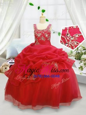 Fashionable Coral Red Lace Up Straps Beading and Pick Ups Child Pageant Dress Organza Sleeveless
