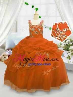 Amazing Sleeveless Organza Floor Length Lace Up Pageant Gowns For Girls in Orange for with Beading and Pick Ups