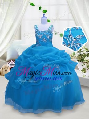 Amazing Aqua Blue Organza Lace Up Little Girl Pageant Dress Sleeveless Floor Length Beading and Pick Ups