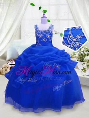 Modern Royal Blue Organza Zipper Straps Sleeveless Floor Length Girls Pageant Dresses Beading and Pick Ups
