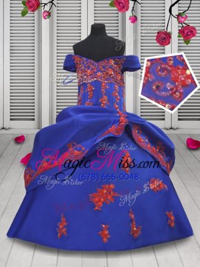 Customized Off The Shoulder Sleeveless Satin Child Pageant Dress Beading and Appliques Lace Up