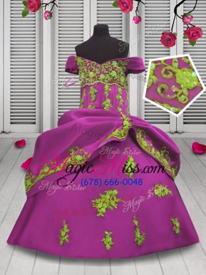 Great Off the Shoulder Floor Length Hot Pink Little Girl Pageant Gowns Satin Sleeveless Beading and Appliques