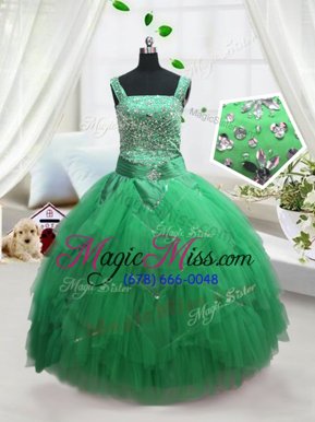 Cute Floor Length Lace Up Little Girls Pageant Gowns Turquoise and In for Party and Wedding Party with Beading and Ruffles