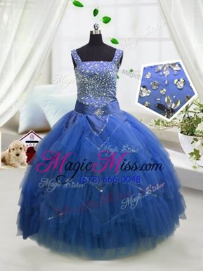Custom Fit Tulle Straps Sleeveless Lace Up Beading and Ruffles Little Girls Pageant Gowns in Royal Blue