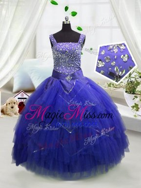 Latest Royal Blue Straps Lace Up Beading and Ruffles Kids Formal Wear Sleeveless