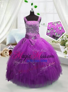 Custom Fit Tulle Sleeveless Floor Length Little Girls Pageant Dress and Beading and Ruffles