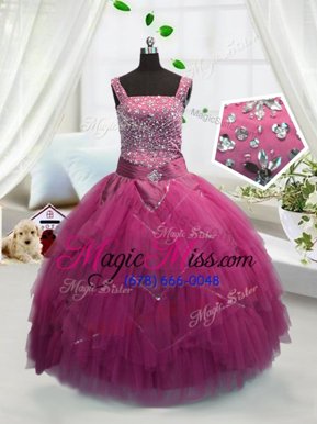 Gorgeous Floor Length Rose Pink Child Pageant Dress Tulle Sleeveless Beading and Ruffles